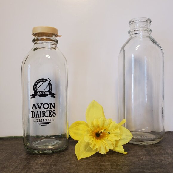 Vintage Milk Bottles. Avon Dairies 9" Clear 10",  3" Base. One Lid. - Picture 5 of 5